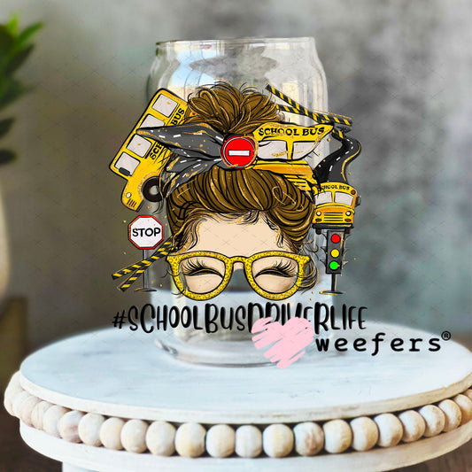 UV DTF Decal - School Bus Deiver Life Messy Bun 16oz Libbey Glass Original Size Weefers