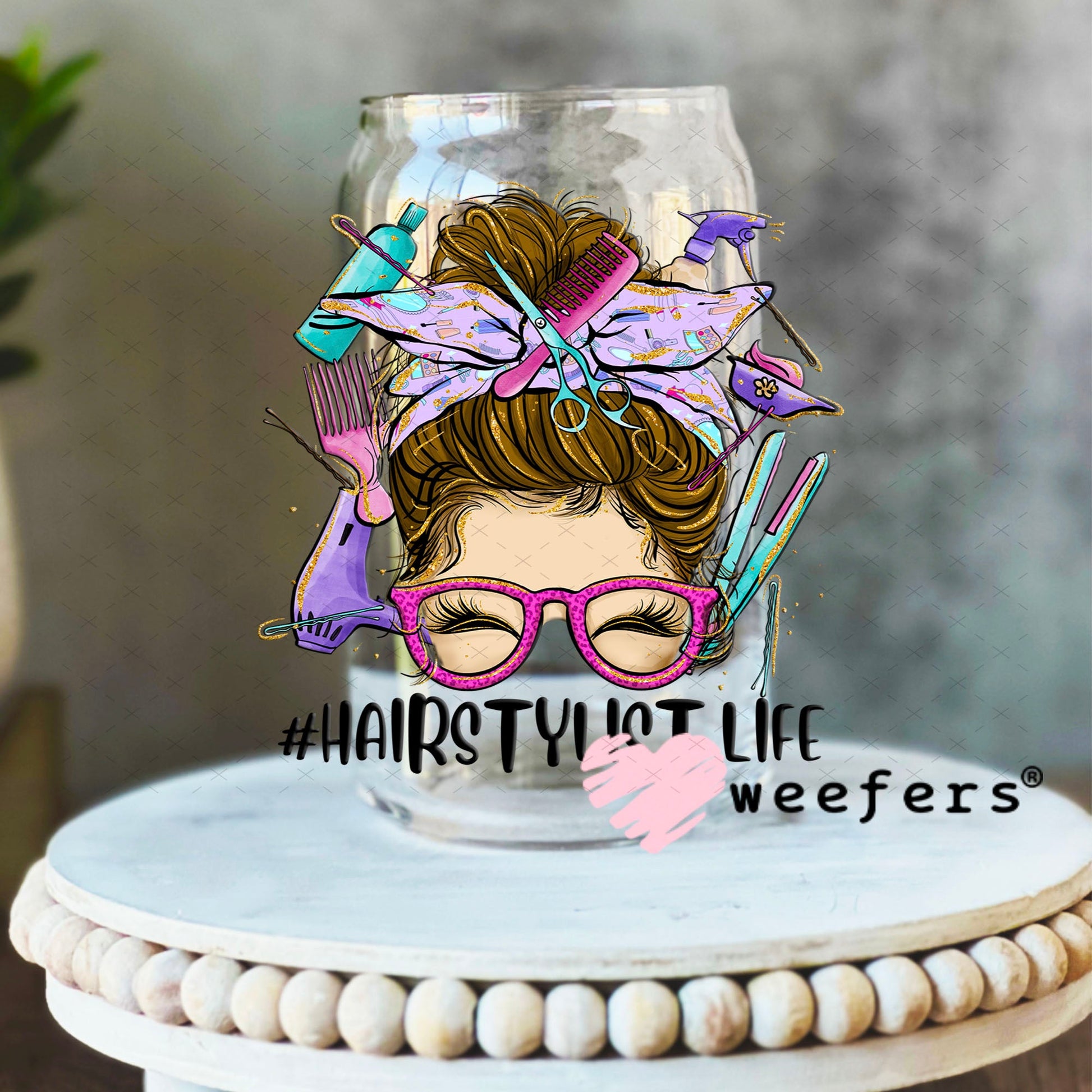 UV DTF Decal - Hair Stylist Life Messy Bun 16oz Libbey Glass Original Size Weefers