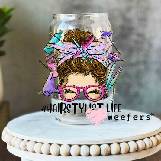 UV DTF Decal - Hair Stylist Life Messy Bun 16oz Libbey Glass Original Size Weefers