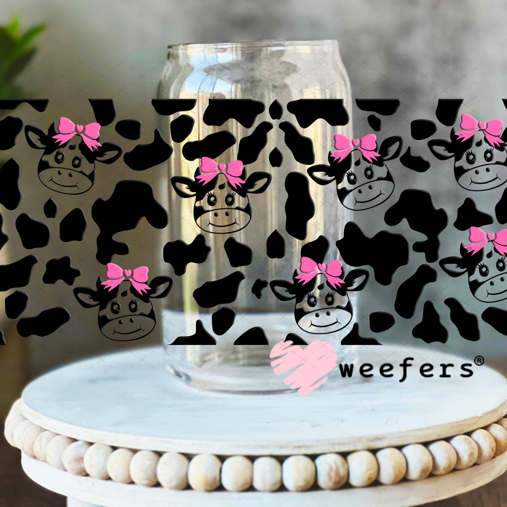 UV DTF Cup Wraps - Cute Pink Bow Cows 16oz Libbey Glass Original Size Weefers