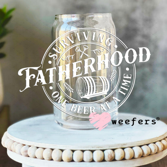 UV DTF Decal - Surving Fathhood One Beer at a Time White 16oz Libbey Glass Original Size Weefers