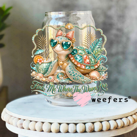 UV DTF Decal - Find Me Where The Waves Are Rhinestone 16oz Libbey Glass Original Size Weefers
