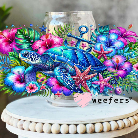 UV DTF Decal - Blue and Magenta Sea Turtle 16oz Libbey Glass Original Size Weefers