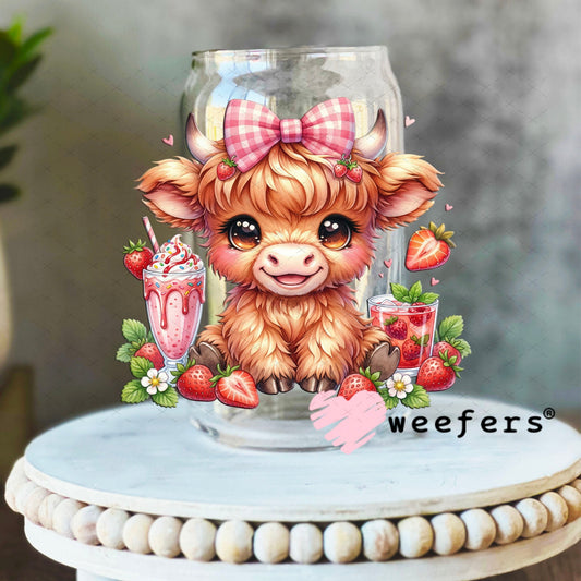 UV DTF Decal - Cute Baby Highland Cow Strawberries 16oz Libbey Glass Original Size Weefers