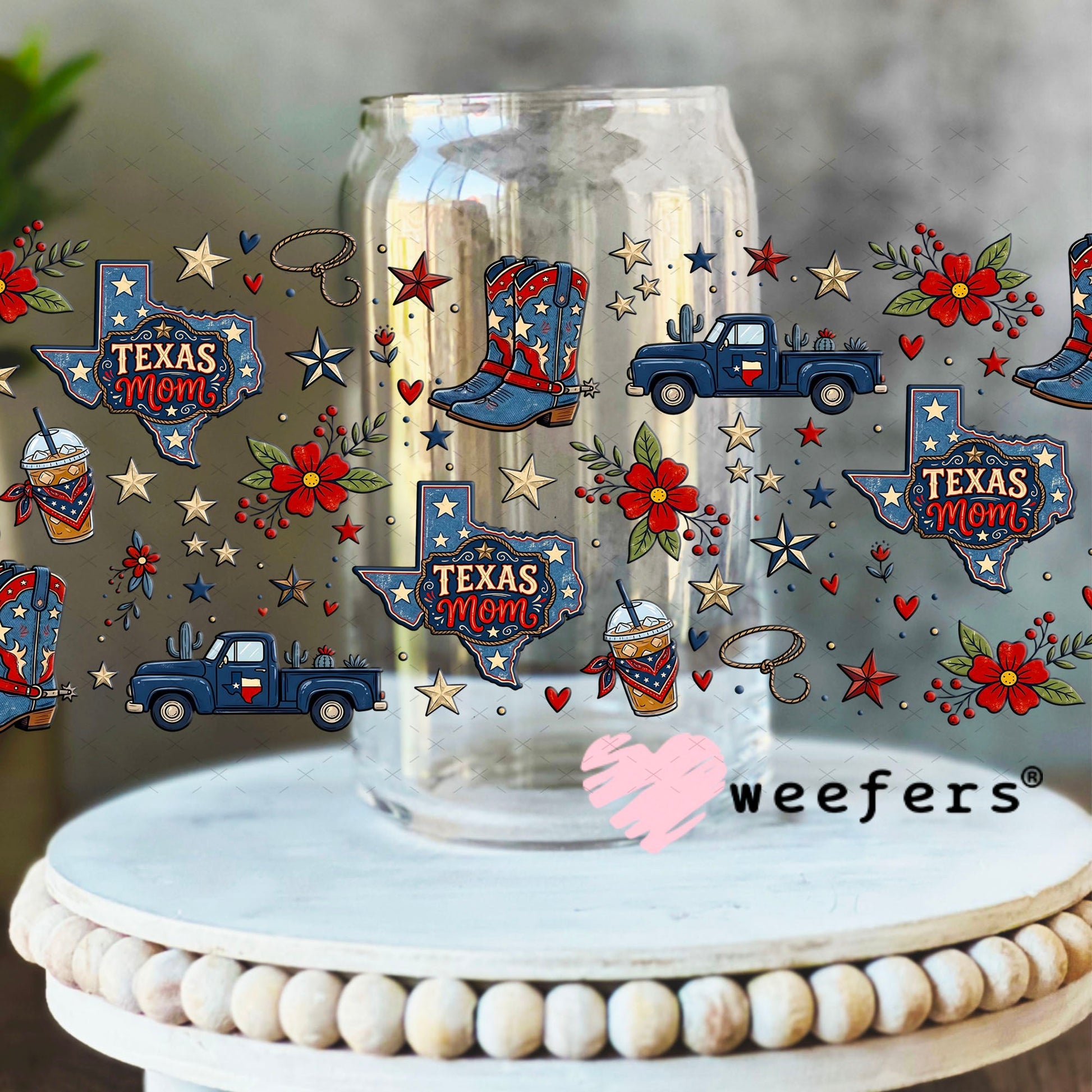 UV DTF Cup Wrap – USA Red White Blue Bows 16oz Libbey Glass Original Size Weefers