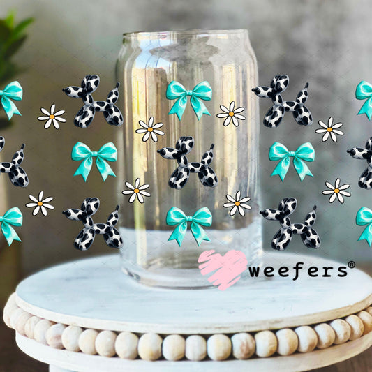 UV DTF Cup Wraps - Cow Print Balloon Dog Teal Bows 16oz Libbey Glass Original Size Weefers