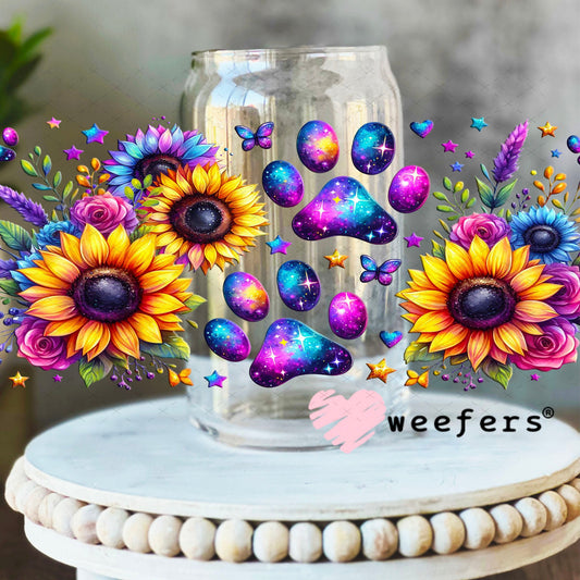 UV DTF Cup Wraps - Colorful Paws and Sunflowers 16oz Libbey Glass Original Size Weefers