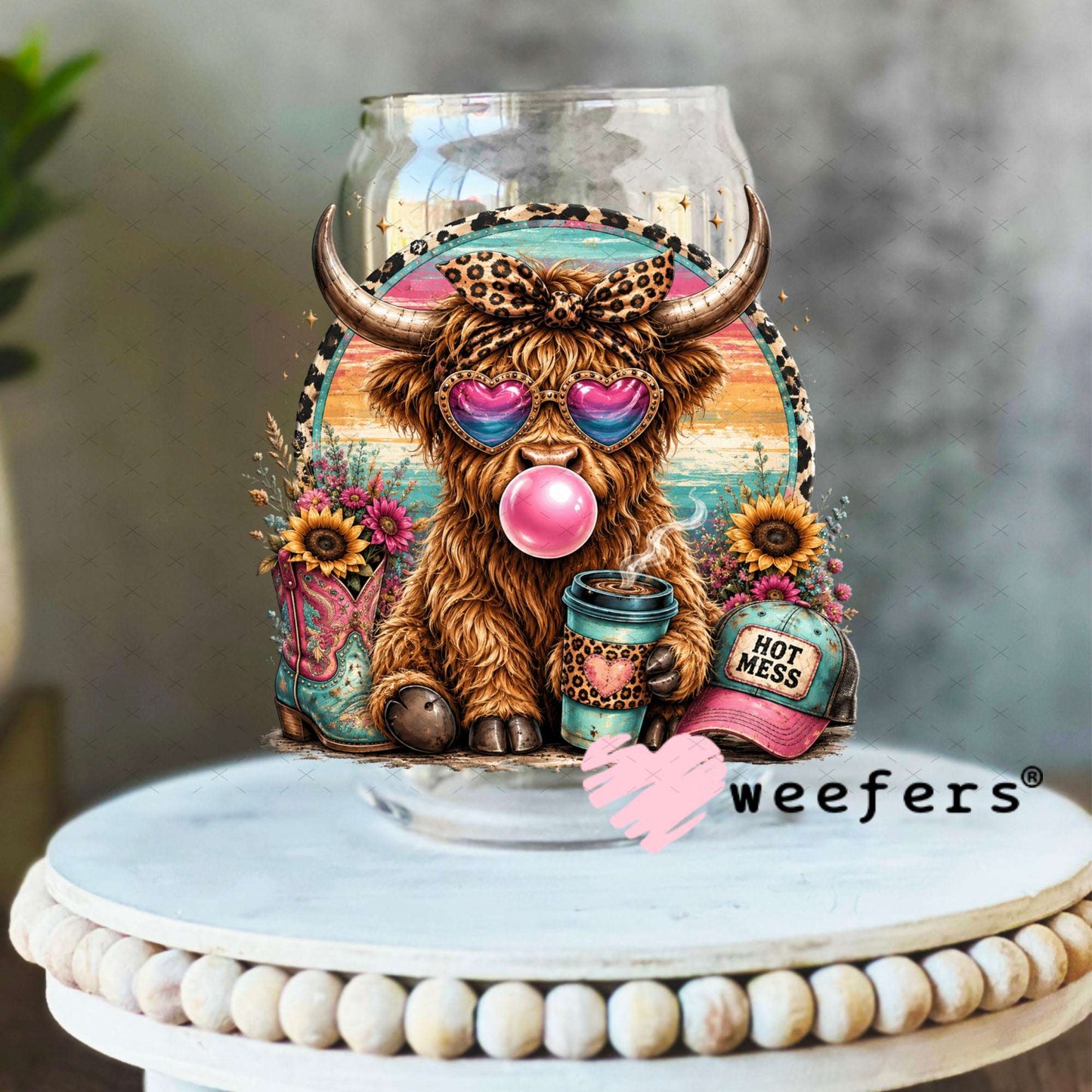 UV DTF Decal - Hot Mess Teal Pink Cow 16oz Libbey Glass Original Size Weefers