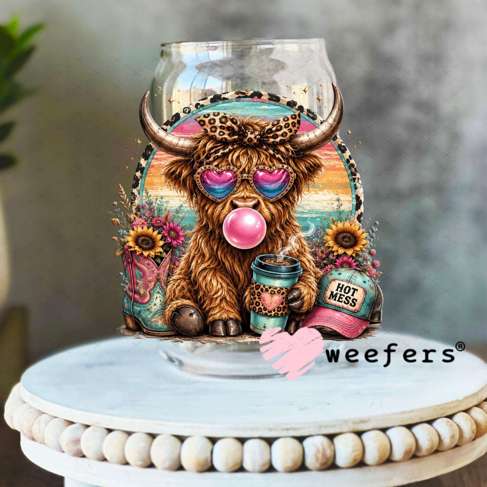 UV DTF Decal - Hot Mess Teal Pink Cow 16oz Libbey Glass Original Size Weefers