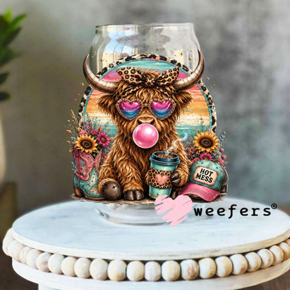 UV DTF Decal - Hot Mess Teal Pink Cow 16oz Libbey Glass Original Size Weefers