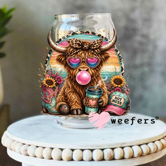 UV DTF Decal - Hot Mess Teal Pink Cow 16oz Libbey Glass Original Size Weefers