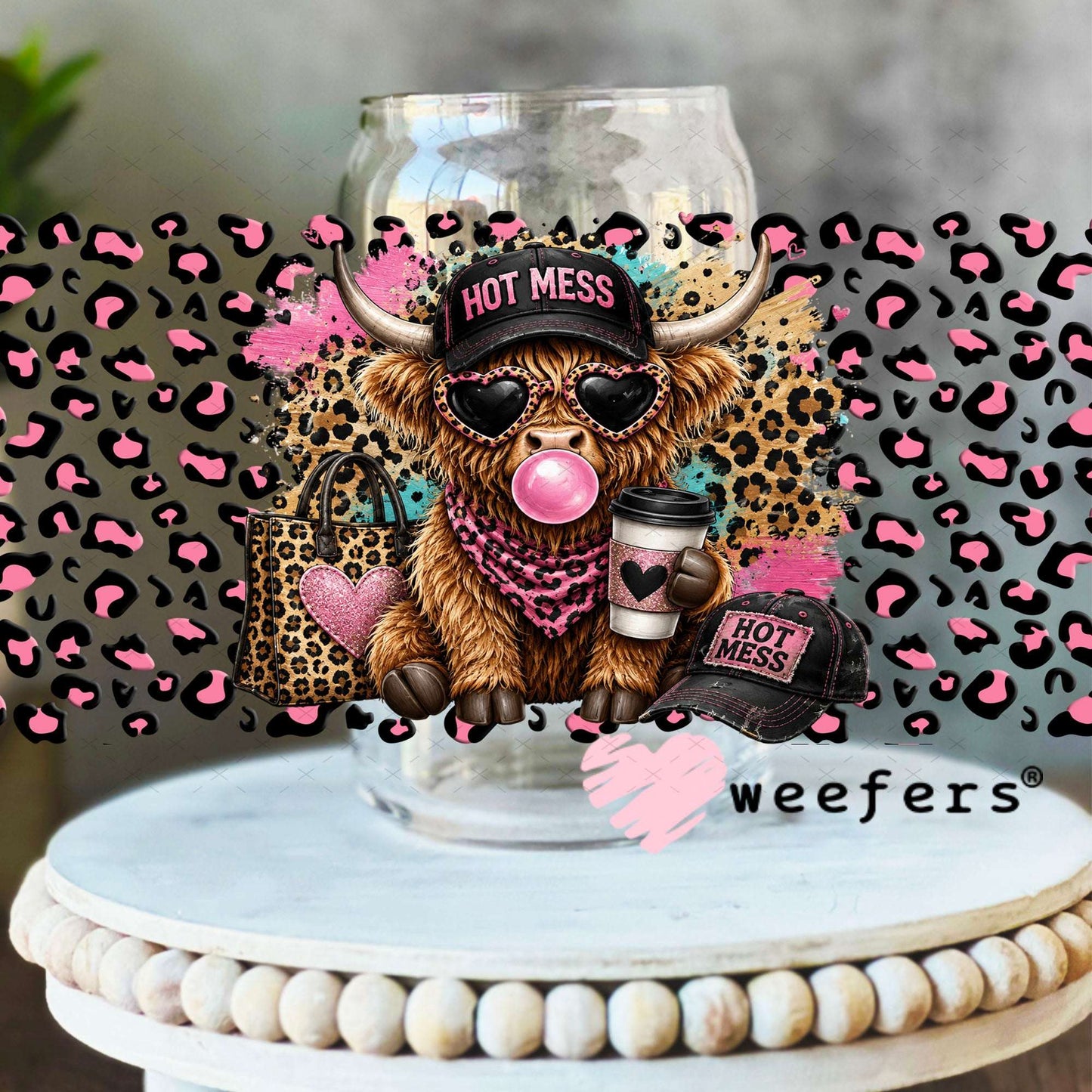 UV DTF Cup Wraps - Hot Mess Pink Leopard Cow - Weefers® Exclusive 16oz Libbey Glass Original Size Weefers
