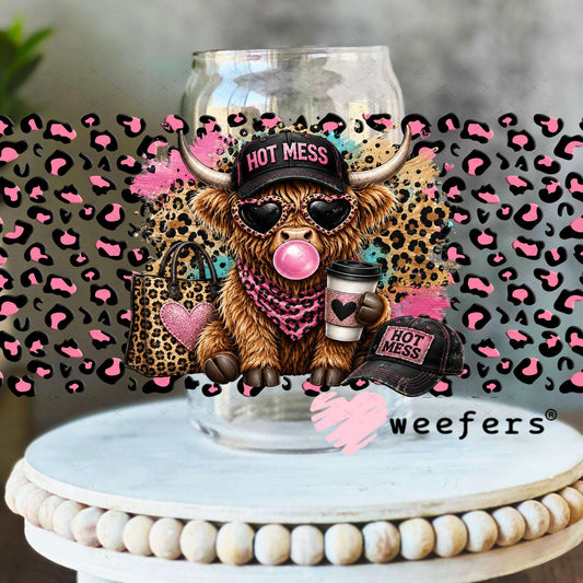 UV DTF Cup Wraps - Hot Mess Pink Leopard Cow - Weefers® Exclusive 16oz Libbey Glass Original Size Weefers