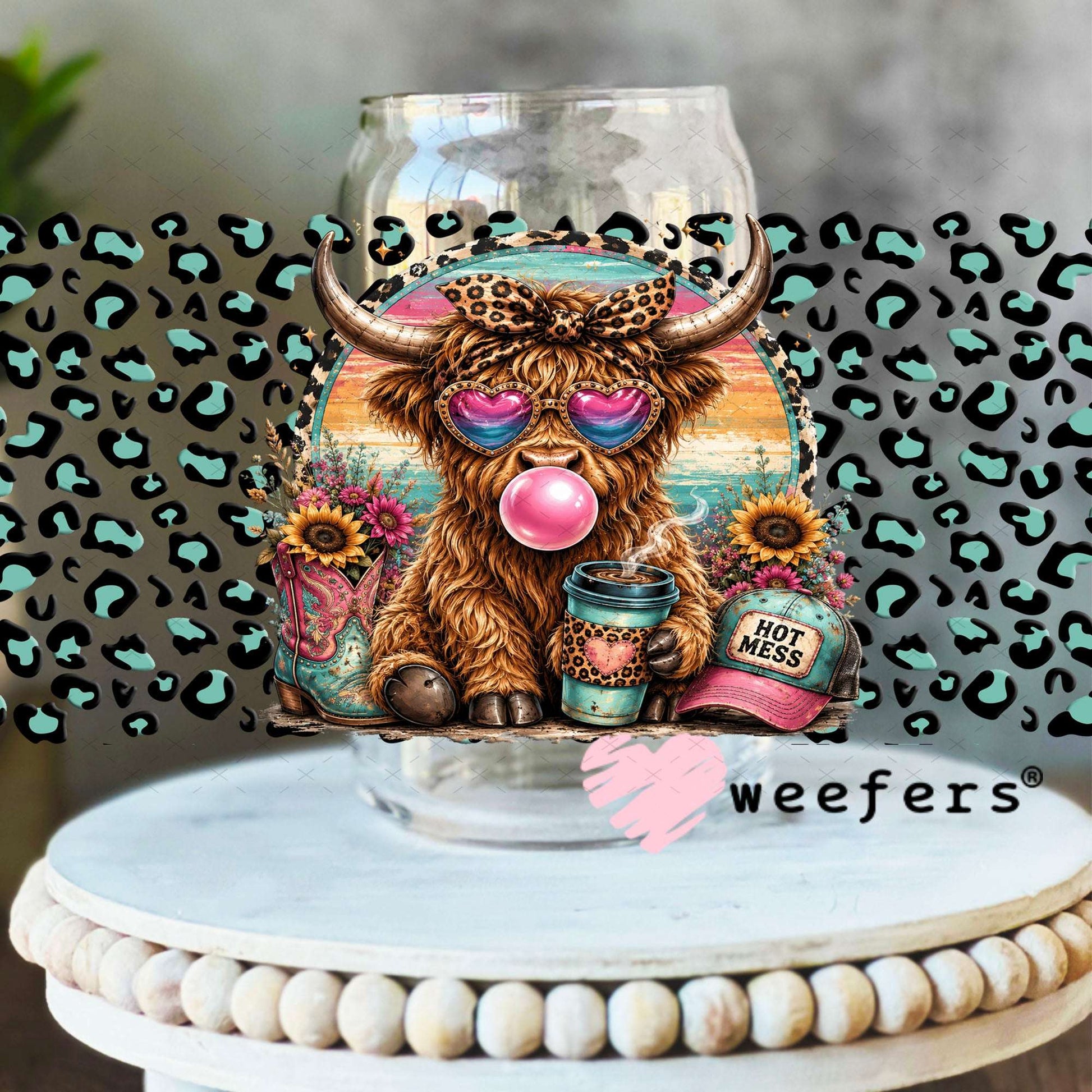 UV DTF Cup Wraps - Hot Mess Mint Pink Leopard Cow - Weefers® Exclusive 16oz Libbey Glass Original Size Weefers