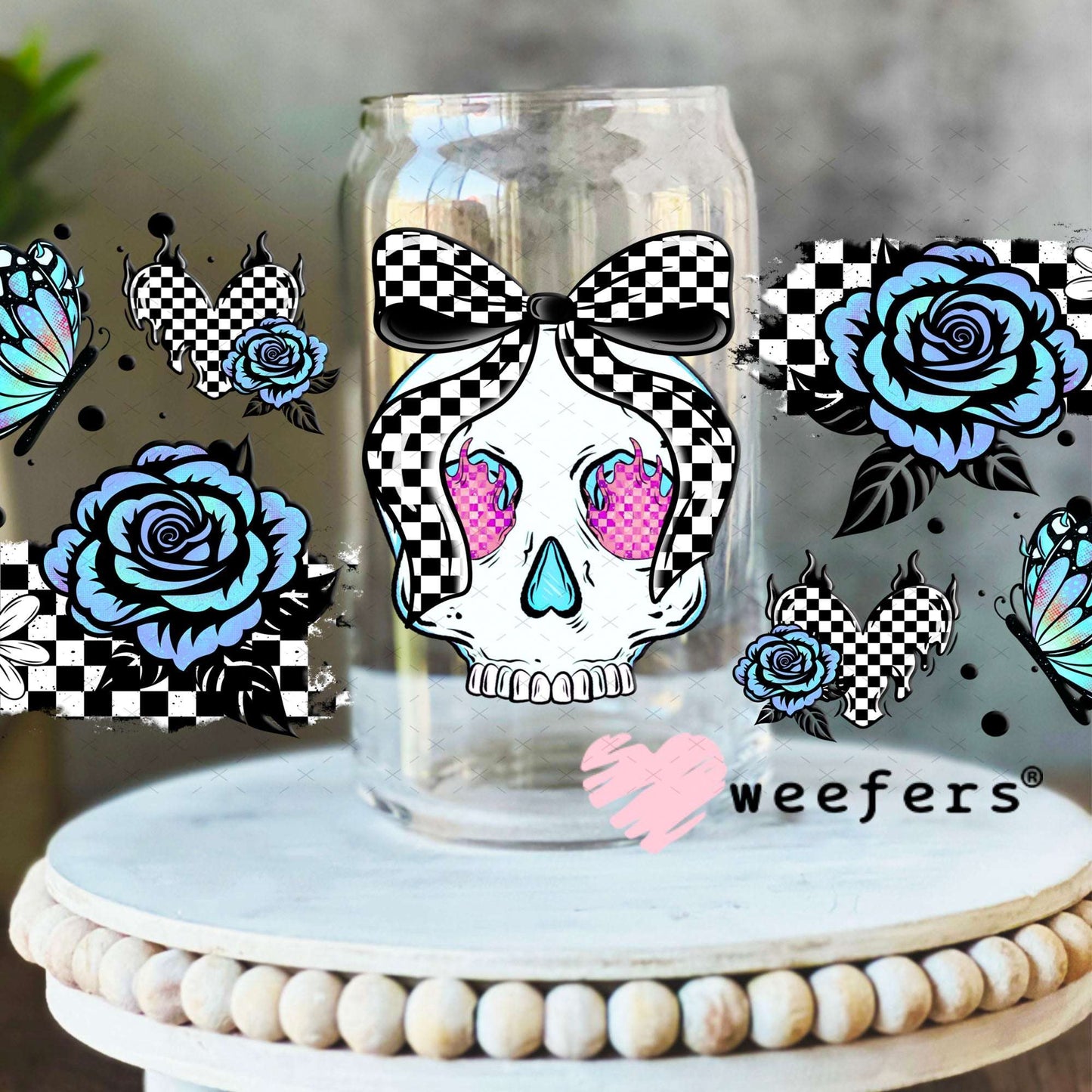 UV DTF Cup Wraps - Blue Skull Roses 16oz Libbey Glass Original Size Weefers