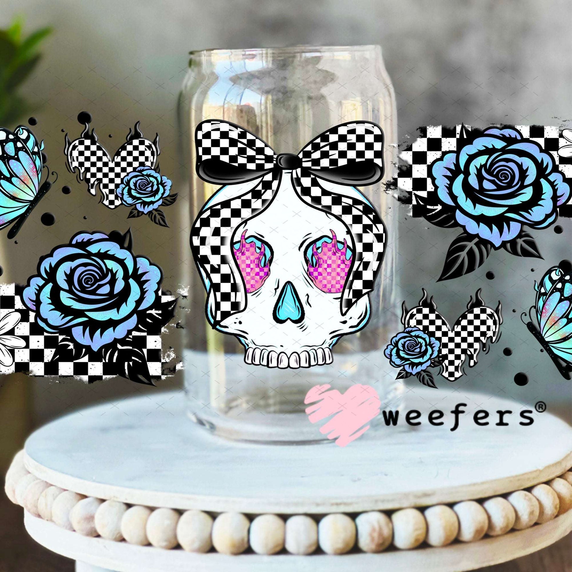 UV DTF Cup Wraps - Blue Skull Roses 16oz Libbey Glass Original Size Weefers