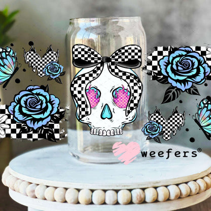 UV DTF Cup Wraps - Blue Skull Roses 16oz Libbey Glass Original Size Weefers