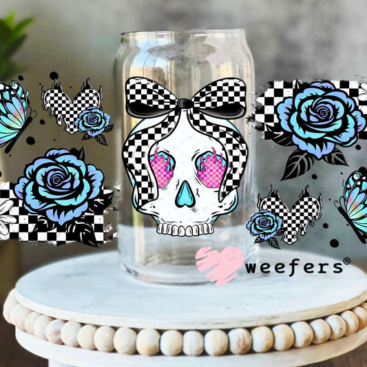 UV DTF Cup Wraps - Blue Skull Roses 16oz Libbey Glass Original Size Weefers
