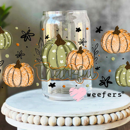 UV DTF Cup Wraps - Thankful Green Orange Pumpkins 16oz Libbey Glass Original Size Weefers