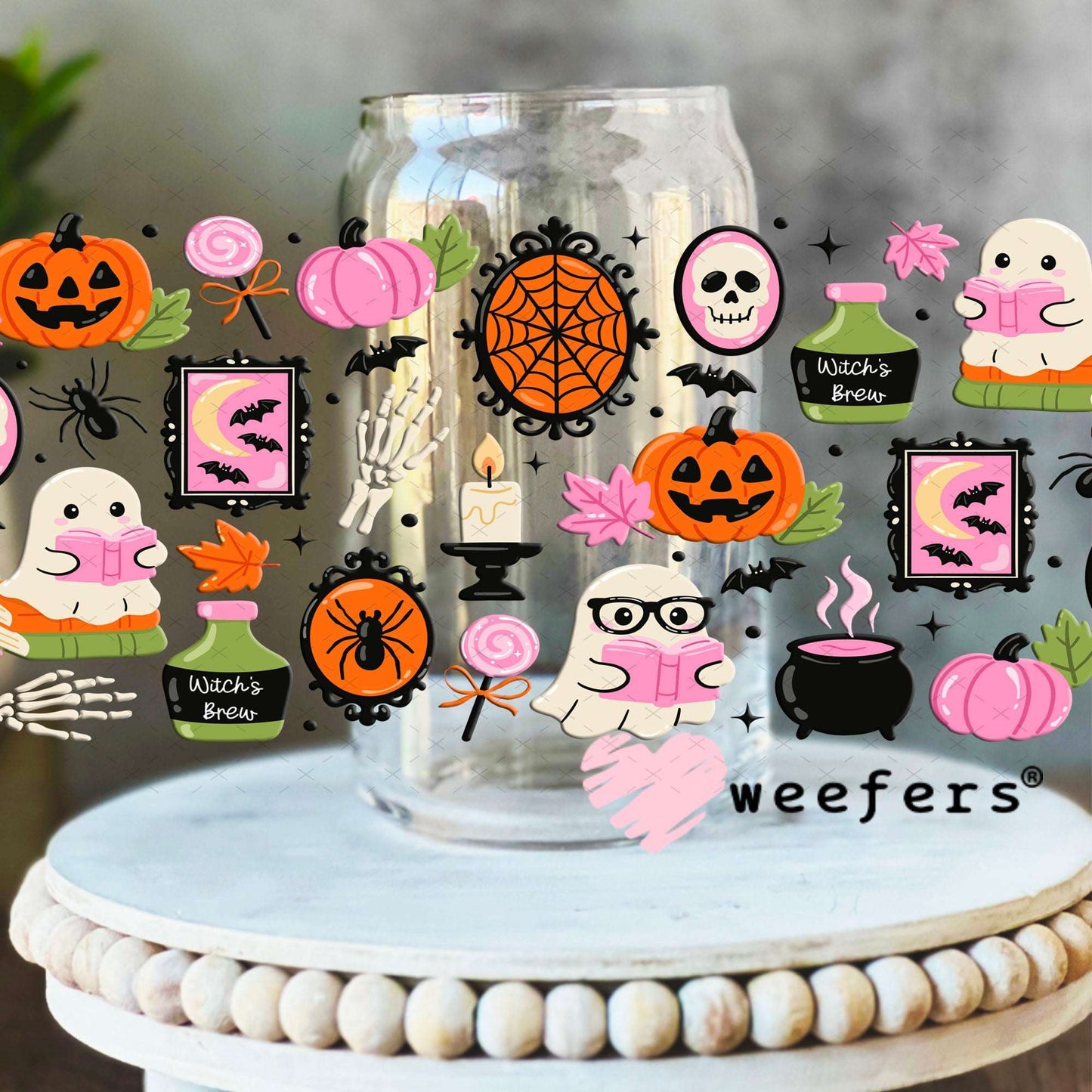 UV DTF Cup Wraps - Pink Green Halloween Reader 16oz Libbey Glass Original Size Weefers