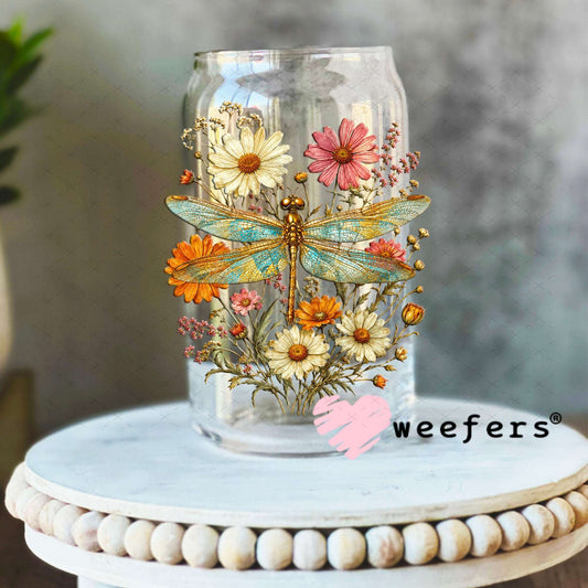 UV DTF Decal - Floral Dragon Fly 16oz Libbey Glass Original Size Weefers