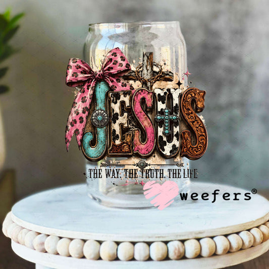 UV DTF Decal - Jesus The Way The Truth The Life 16oz Libbey Glass Original Size Weefers
