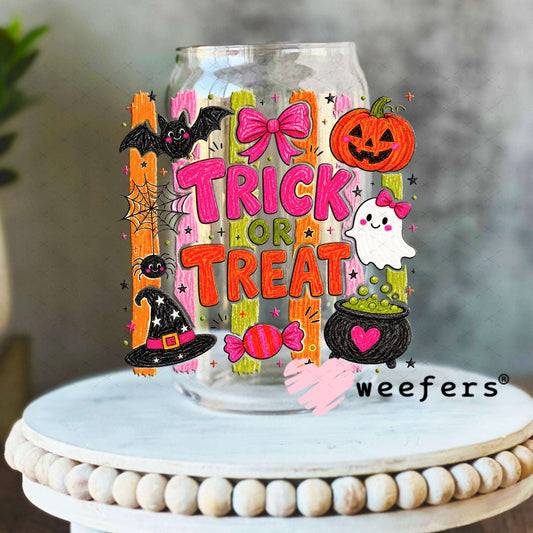 UV DTF Decal - Trick or Treat Pink Orange 16oz Libbey Glass Original Size Weefers