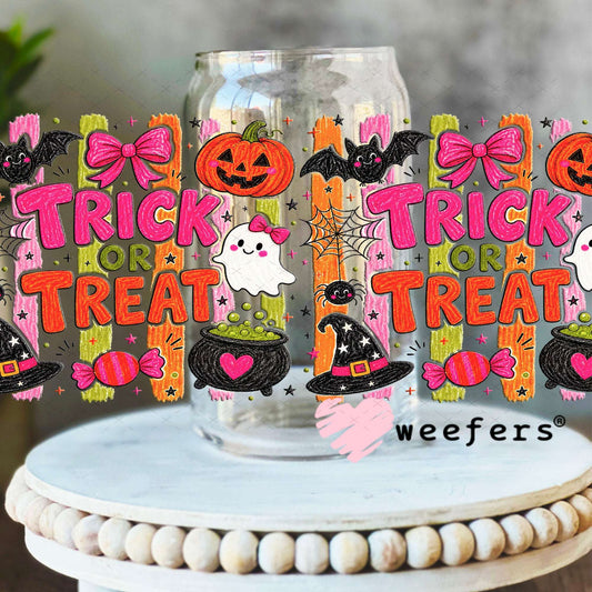 UV DTF Cup Wraps - Trick or Treat Pink Orange 16oz Libbey Glass Original Size Weefers