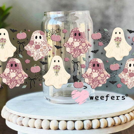 UV DTF Cup Wraps - Floral Mauve Halloween Ghosts 16oz Libbey Glass Original Size Weefers