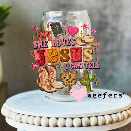 UV DTF Decal - She Loves Jesus I Can Tell 16oz Libbey Glass Original Size Weefers