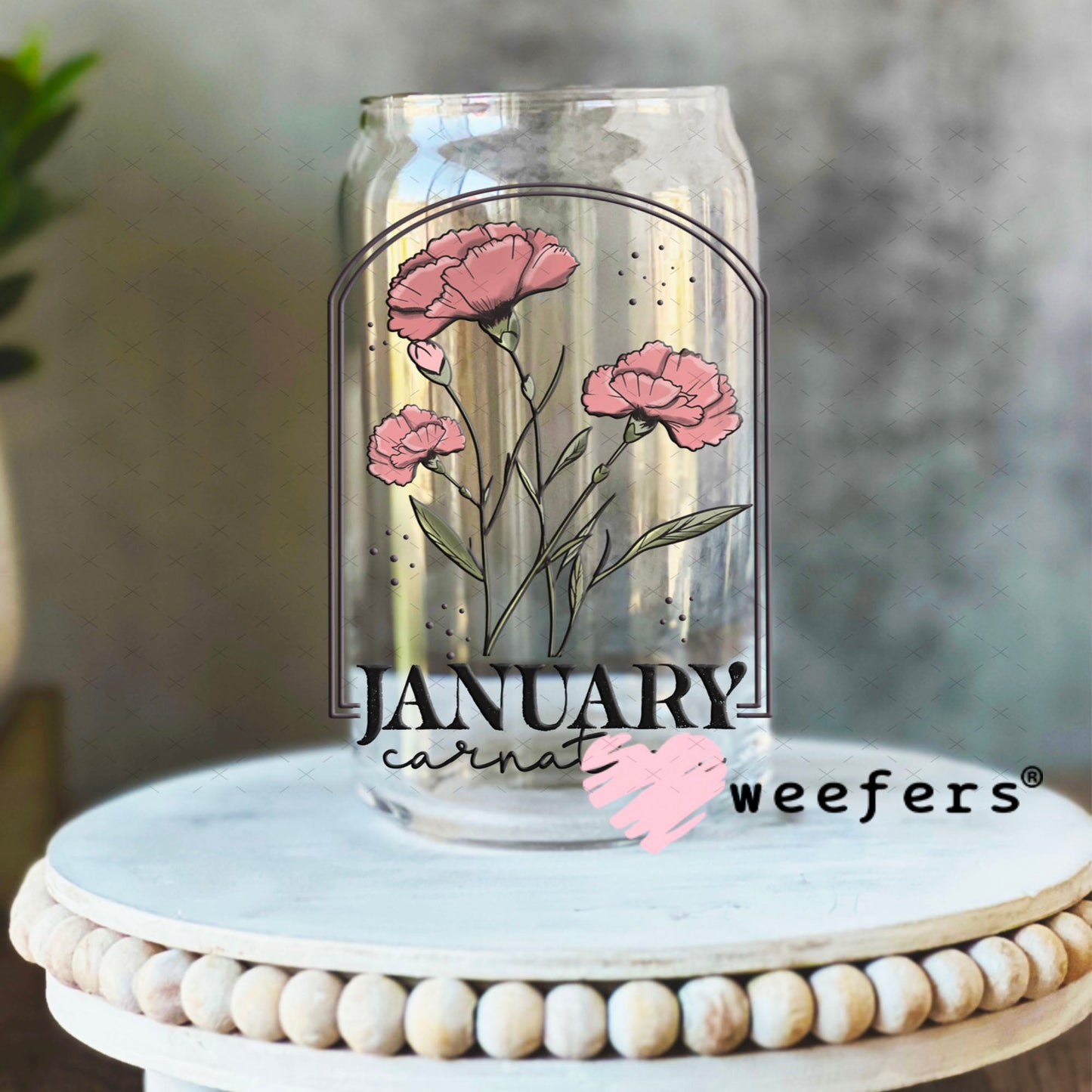 UV DTF Decal - January Carnation Birthday Month 16oz Libbey Glass Original Size Weefers