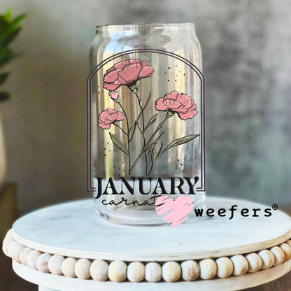 UV DTF Decal - January Carnation Birthday Month 16oz Libbey Glass Original Size Weefers