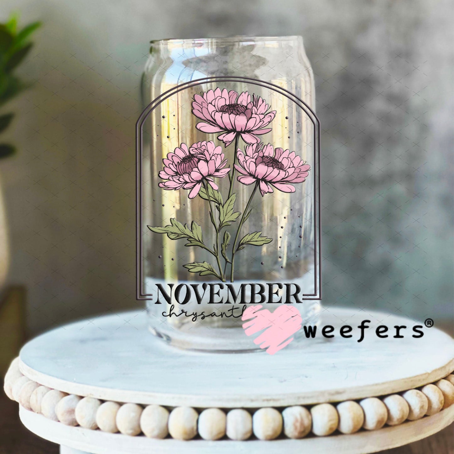 UV DTF Decal - November Chrysanthemum Birthday Month 16oz Libbey Glass Original Size Weefers