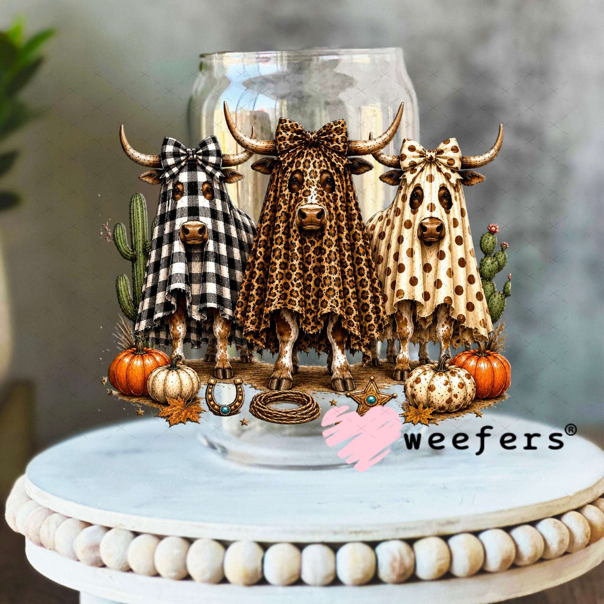 UV DTF Decal - Fall Ghost Cows 16oz Libbey Glass Original Size Weefers
