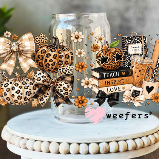 UV DTF Cup Wraps - Cheetah Fall Teacher 16oz Libbey Glass Original Size Weefers