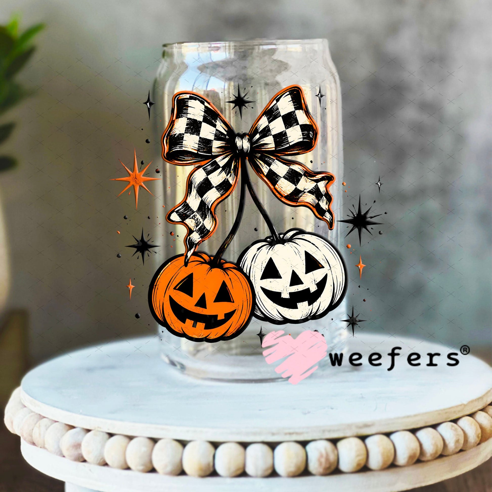 UV DTF Decal - Checkered Pumpkin Cherries 16oz Libbey Glass Original Size Weefers