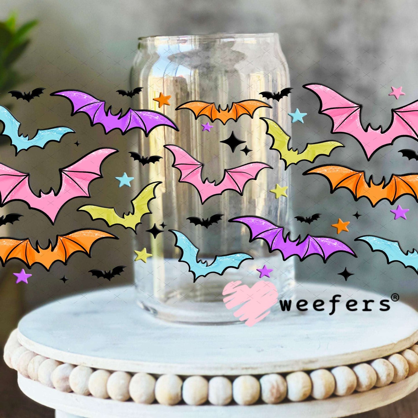 UV DTF Cup Wraps - Colorful Bats 16oz Libbey Glass Original Size Weefers