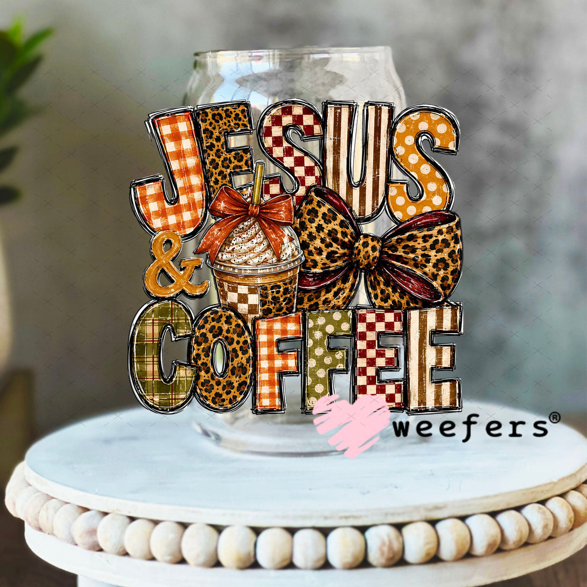 UV DTF Decal - Jesus and Coffee Fall 16oz Libbey Glass Original Size Weefers