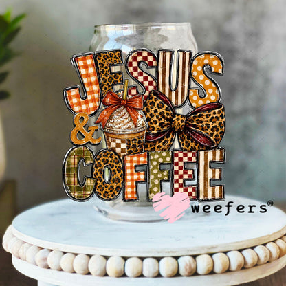 UV DTF Decal - Jesus and Coffee Fall 16oz Libbey Glass Original Size Weefers