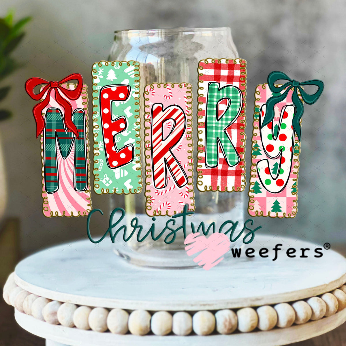 UV DTF Decal - Merry Christmas Stripes 16oz Libbey Glass Original Size Weefers