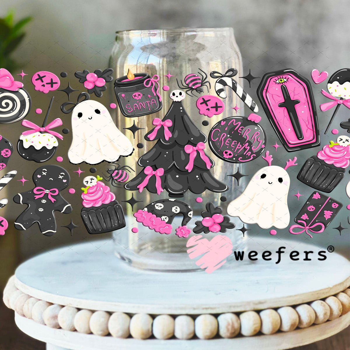 UV DTF Cup Wraps - Goth Christmas Pink Black 16oz Libbey Glass Original Size Weefers