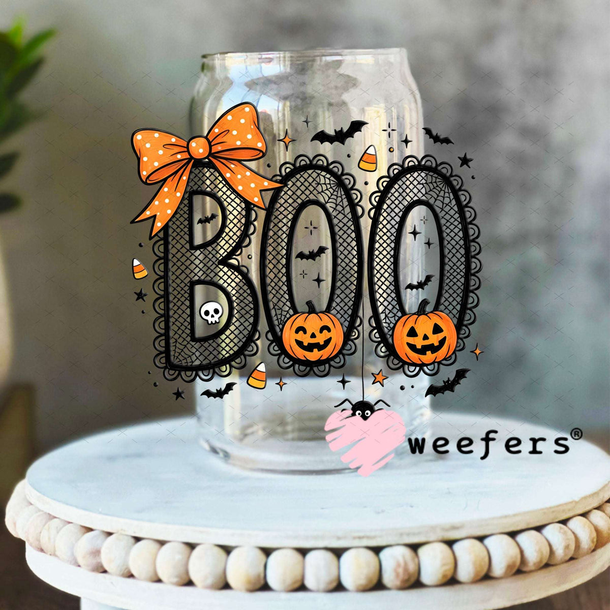 UV DTF Decal - Boo Black and Orange Lace 16oz Libbey Glass Original Size Weefers