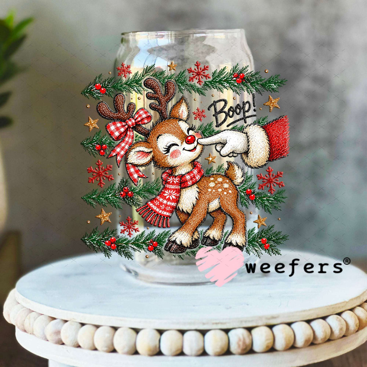 UV DTF Decal - Boop Santa and Reindeer 16oz Libbey Glass Original Size Weefers