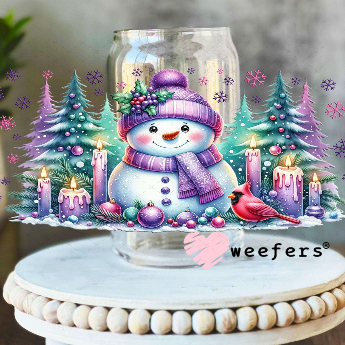 UV DTF Cup Wraps - Winter Snowman Purple Teal 16oz Libbey Glass Original Size Weefers