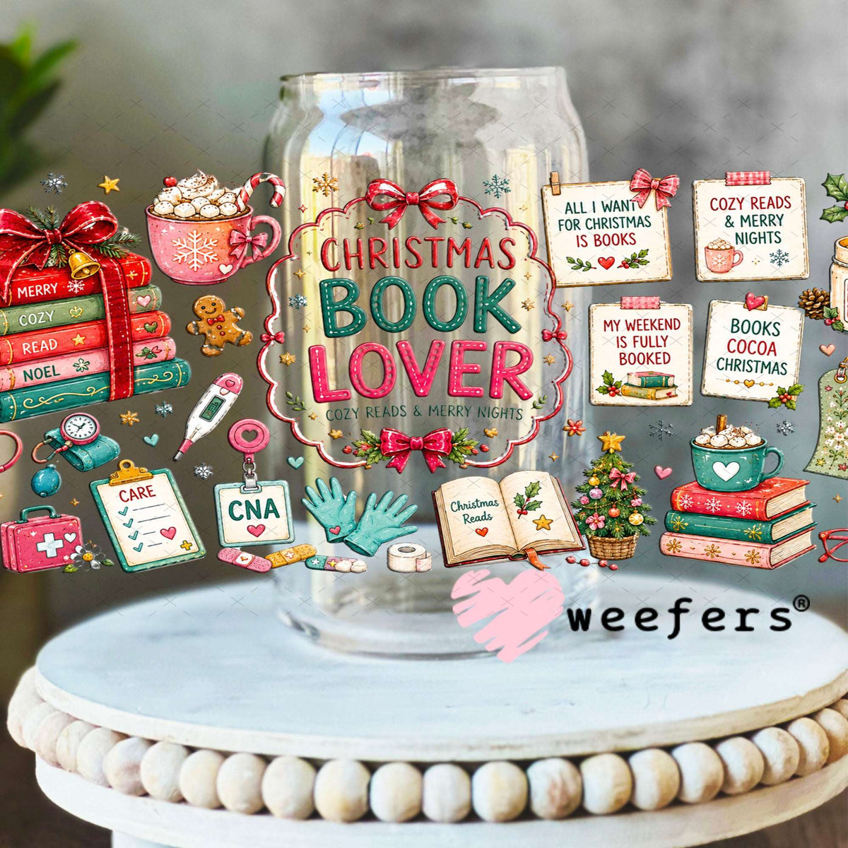 UV DTF Cup Wraps - Christmas Book Lover 16oz Libbey Glass Original Size Weefers