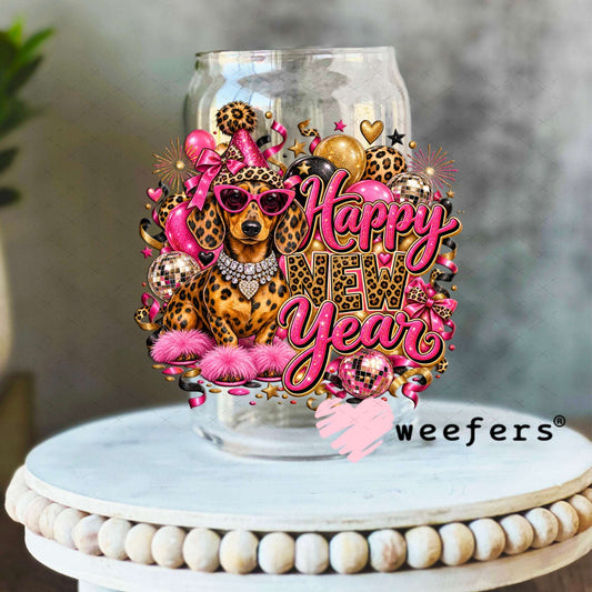 UV DTF Decal - Happy New Year Bougie Dashaund 16oz Libbey Glass Original Size Weefers