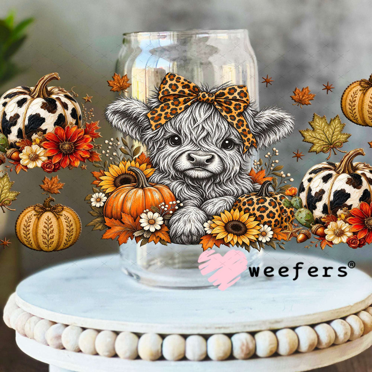 UV DTF Cup Wraps - Fall Leopard Cow - Weefers® Exclusive 16oz Libbey Glass Original Size Weefers
