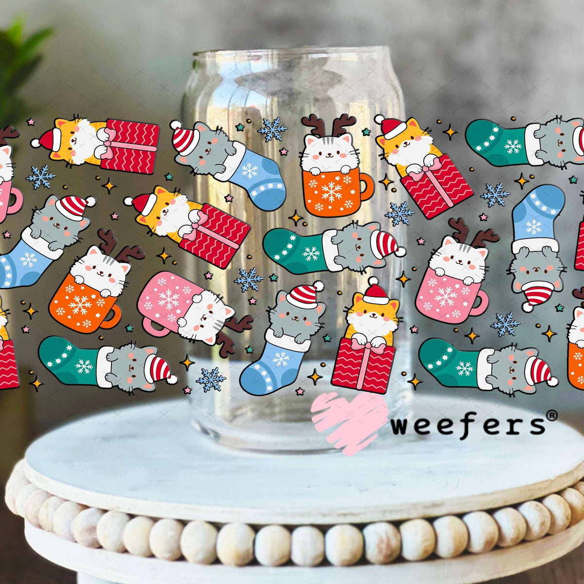 UV DTF Cup Wraps - Christmas Kitty Cats Stockings 16oz Libbey Glass Original Size Weefers