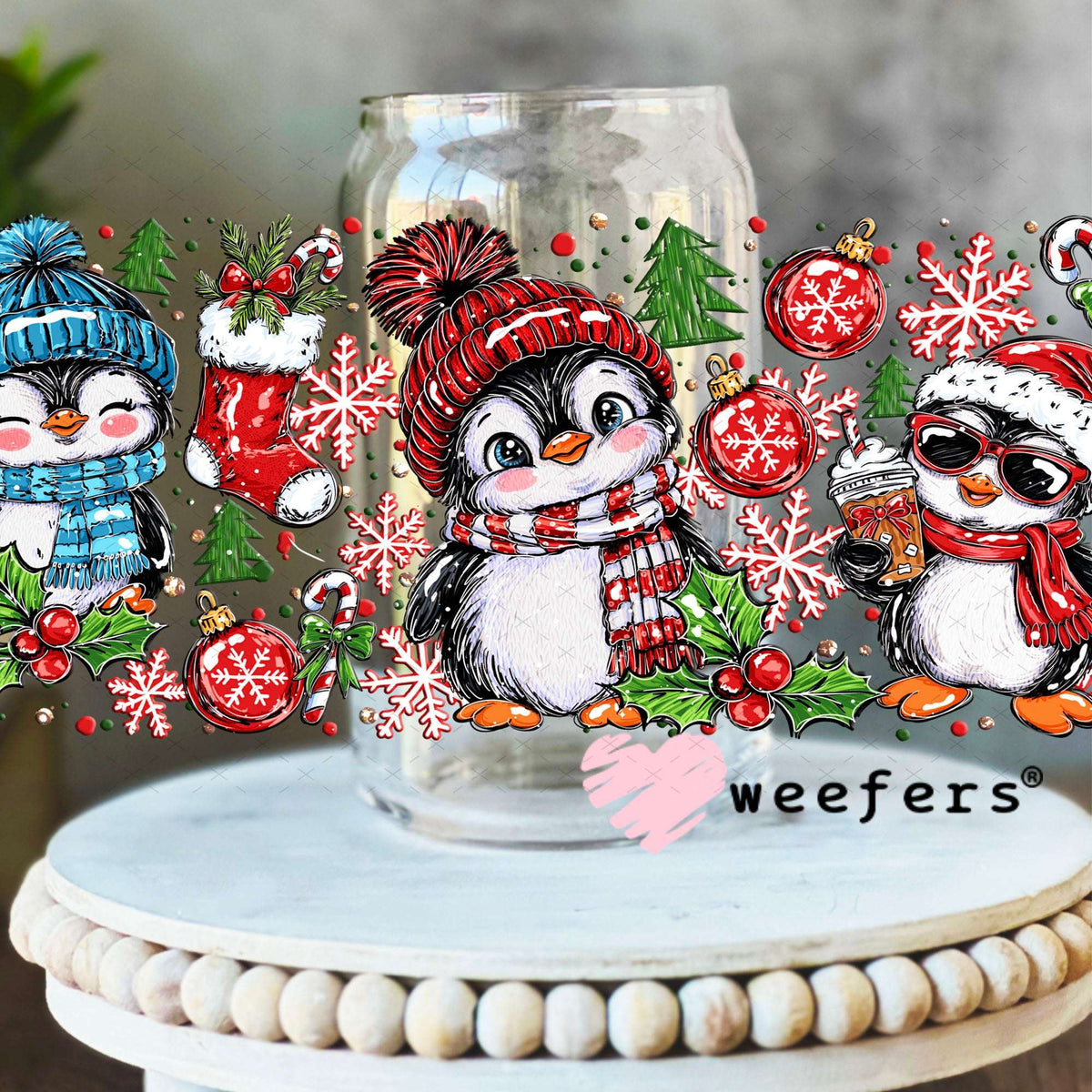 UV DTF Cup Wraps - Christmas Penguin 16oz Libbey Glass Original Size Weefers