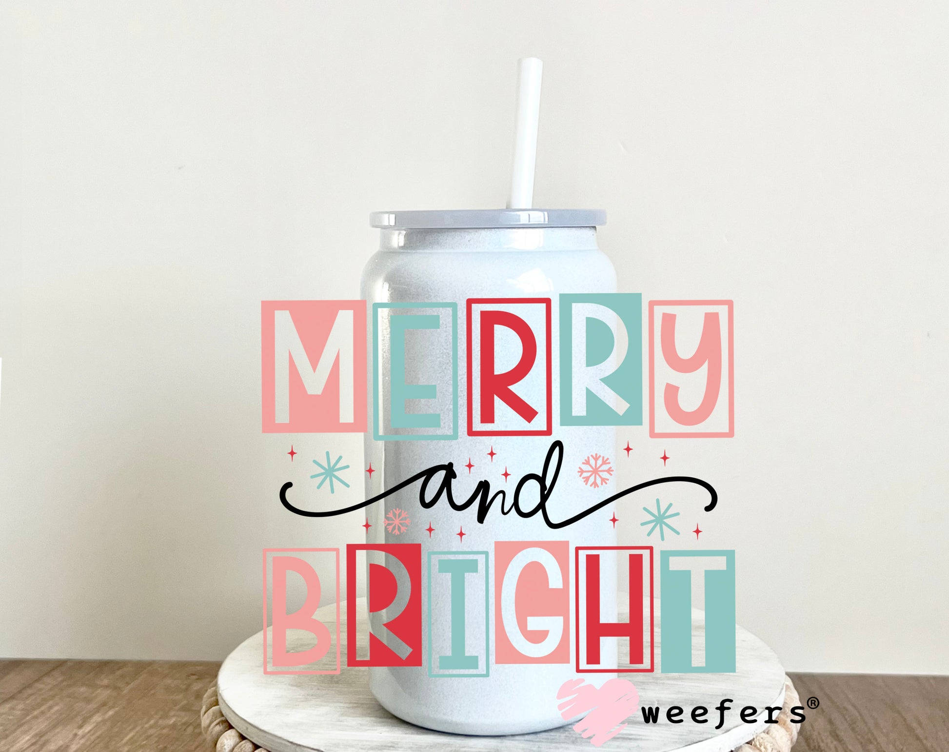 Merry and Bright Pink and Red Christmas UV DTF Decal - Weefers